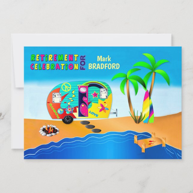 Fun & Colourful Hippie Camper Retirement Invitation (Front)