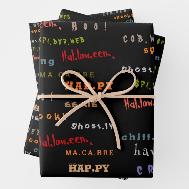 Fun & Colourful Holiday Typography Halloween Spiri Wrapping Paper Sheet (In situ)