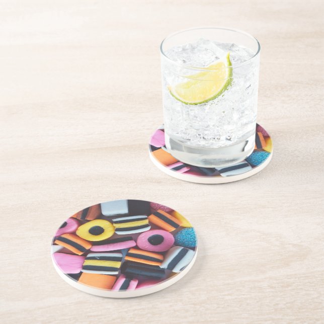 Fun, colourful, liquorice allsorts candy coaster (Side)