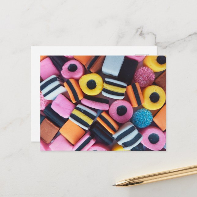 Fun, colourful, liquorice candy postcard (Front/Back In Situ)