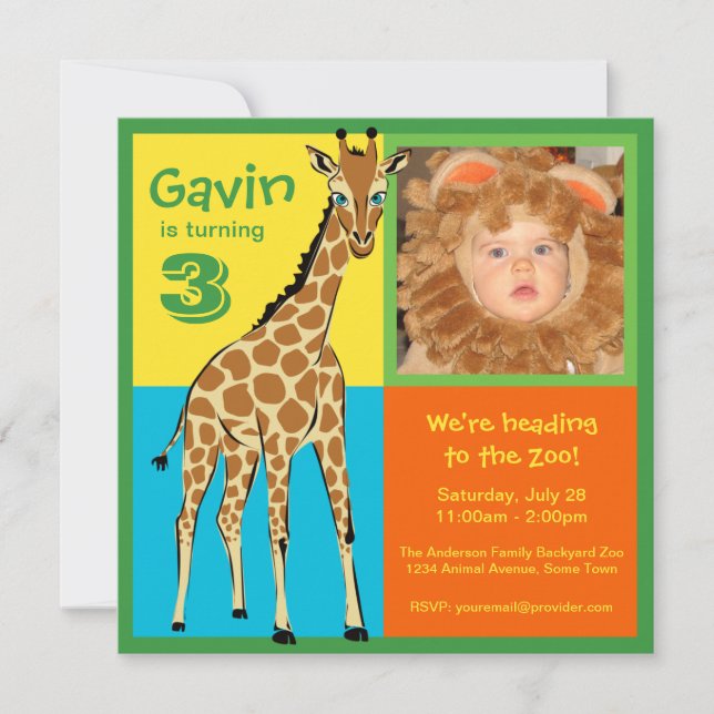 Fun Colourful Little Giraffe Photo Invitation (Front)