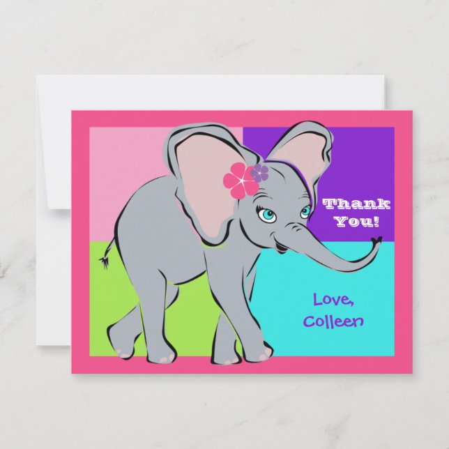 Fun Colourful Little Girl Elephant Note Card (Front)