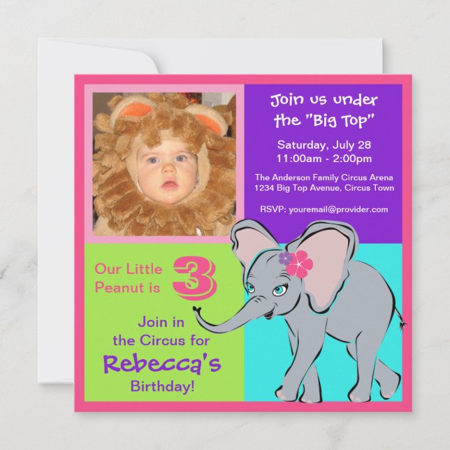 Fun Colourful Little Girl Elephant Photo Invitatio Invitation (Front)