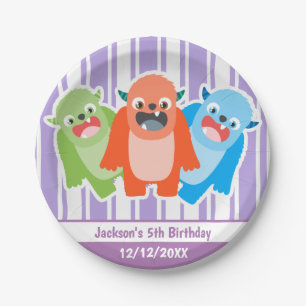 Fun Colourful Monsters Personalised Kids Birthday Paper Plate