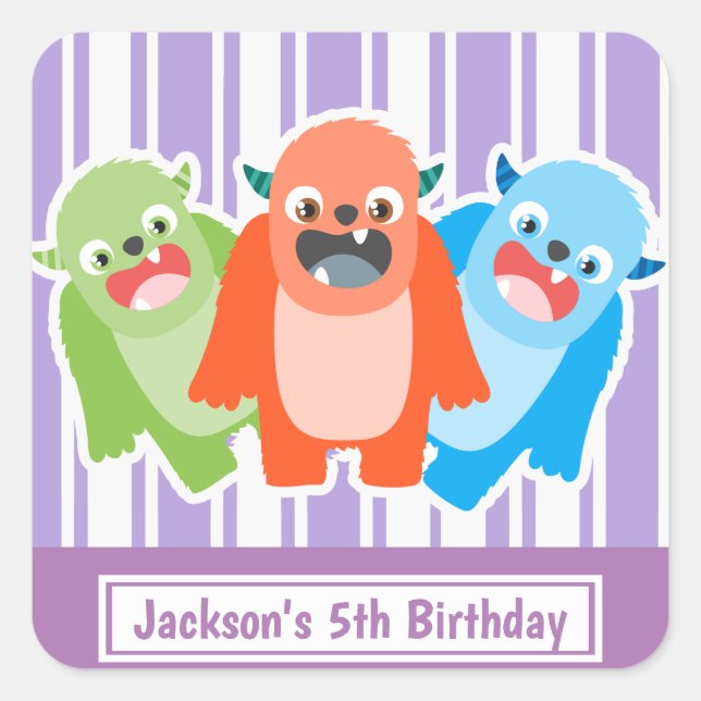Fun Colourful Monsters Personalised Kids Birthday Square Sticker (Front)