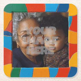 Fun Colourful Mosaic Border Pattern for Your Photo Square Paper Coaster