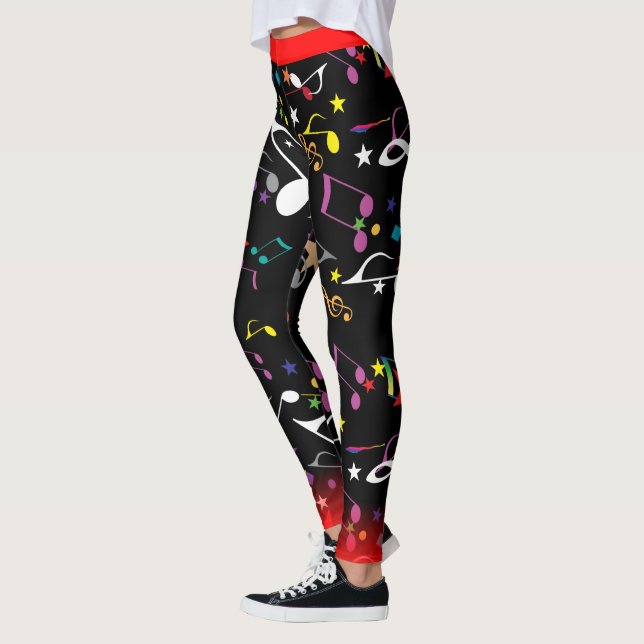 FUN Colourful Musical Notes and Red Trim on BLACK Leggings (Left)