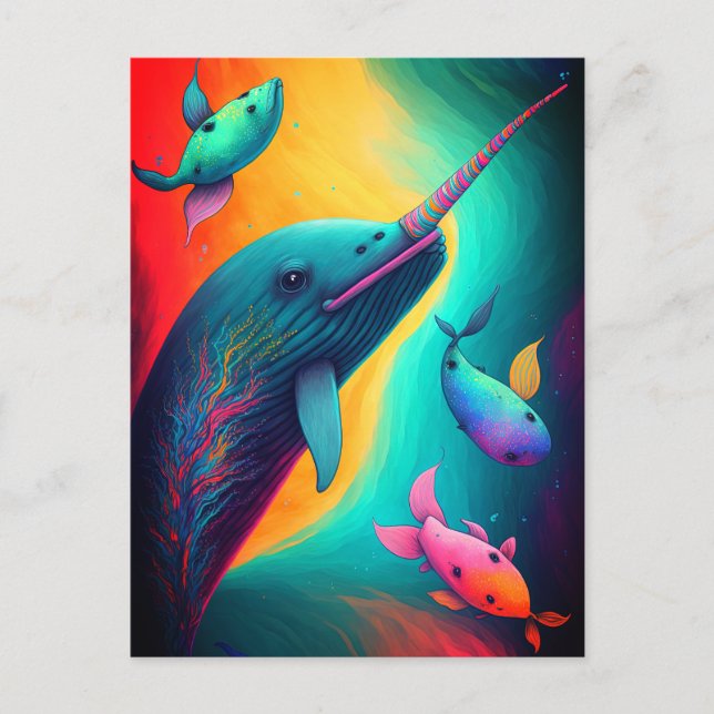 Fun Colourful Narwhal Fantasy Sea Creatures Rainbo Postcard (Front)