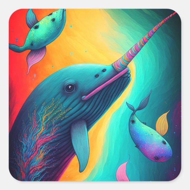 Fun Colourful Narwhal Fantasy Sea Creatures Rainbo Square Sticker (Front)