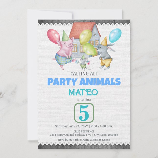 Fun Colourful Party Animals Birthday Invitation (Front)