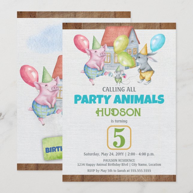 Fun Colourful Party Animals Boy Birthday Invitation (Front/Back)