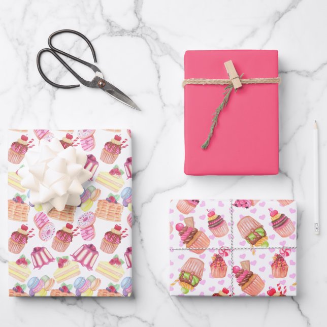 Fun Colourful Party Cupcakes and Pastry Pattern Wrapping Paper Sheet (Front)