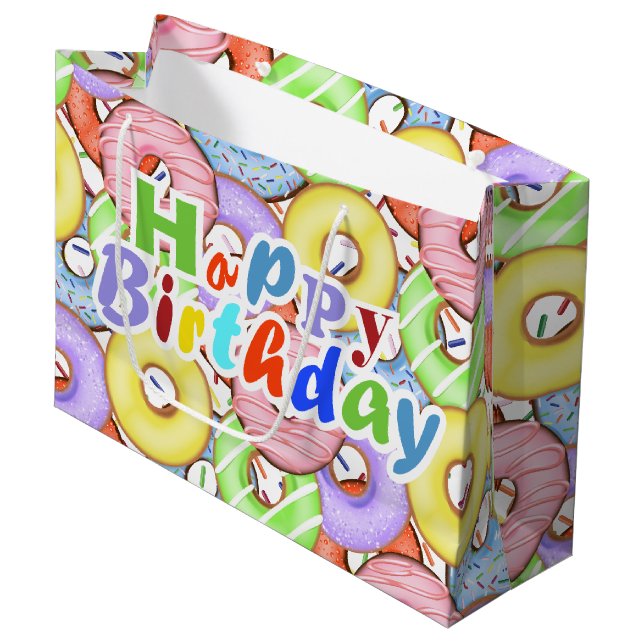 Fun Colourful Pastel Doughnuts Birthday Large Gift Bag (Front Angled)