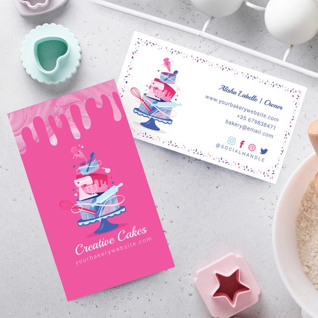 Fun Colourful Pastry Cakes Bakery & Tools Pink Dri Business Card (Creator Uploaded)
