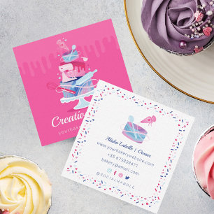 Fun Colourful Pastry Cakes Bakery & Tools Pink Dri Square Business Card