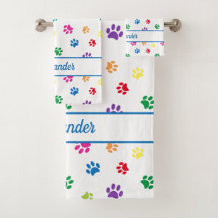 Fun Colourful Paw Prints Personalised Bath Towel Set