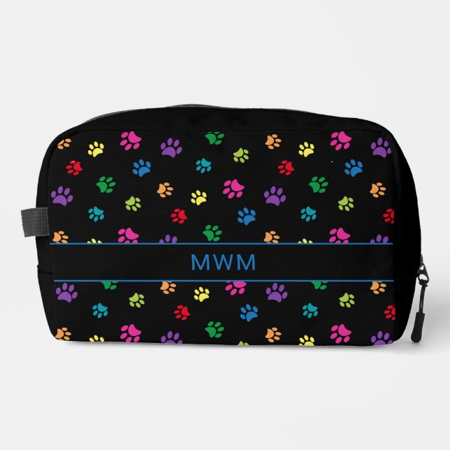Fun Colourful Paw Prints Personalised Black Dopp Kit (Front)
