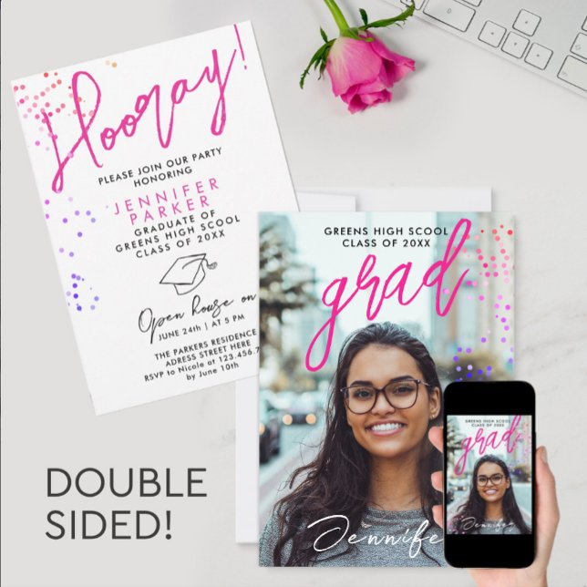 Fun Colourful Pink Grad Double Sided Photo Invite  (Creator Uploaded)