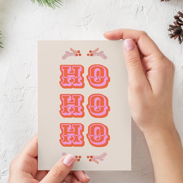 Fun Colourful Pink + Red HO HO HO Flat Christmas Holiday Card (Creator Uploaded)