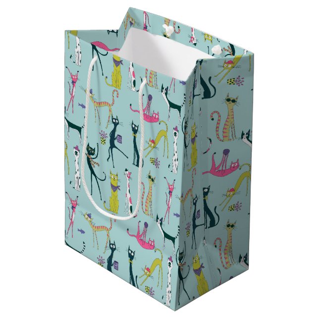 Fun Colourful Quirky Cats Pattern Medium Gift Bag (Front Angled)