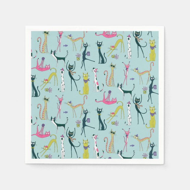 Fun Colourful Quirky Cats Pattern Napkin (Front)
