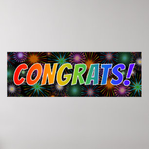 Fun, Colourful, Rainbow "CONGRATS!" + Fireworks Poster