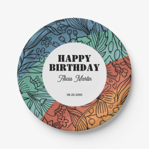 Fun Colourful Retro Groovy Rainbow Floral Birthday Paper Plate