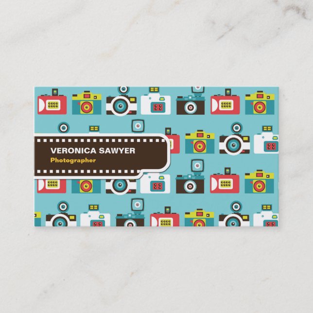 Fun Colourful Retro Lomo Cameras Pattern (Blue) Business Card (Front)