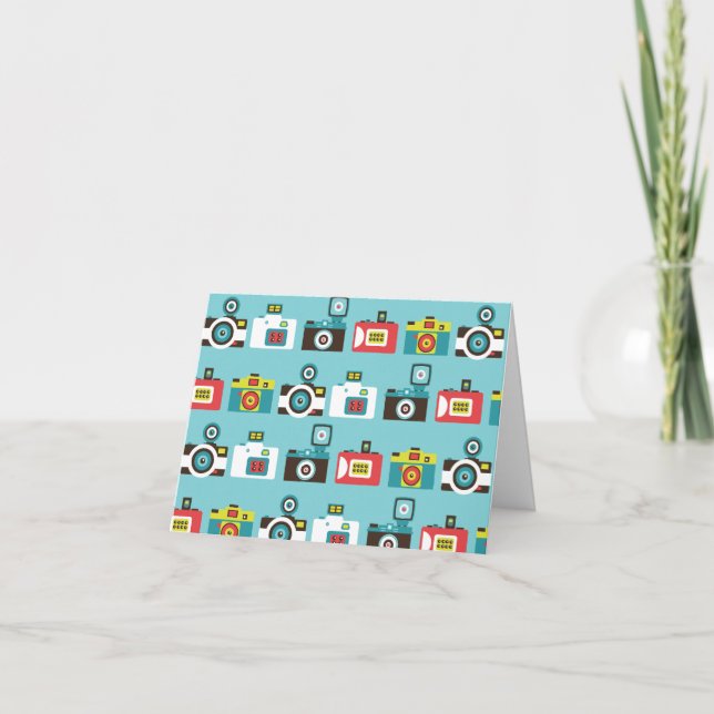 Fun Colourful Retro Lomo Cameras Pattern (Blue) Card (Front)