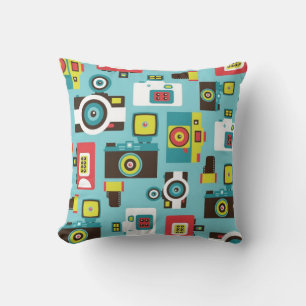 Fun Colourful Retro Lomo Cameras Pattern (Blue) Cushion