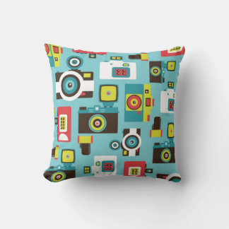 Fun Colourful Retro Lomo Cameras Pattern (Blue) Cushion
