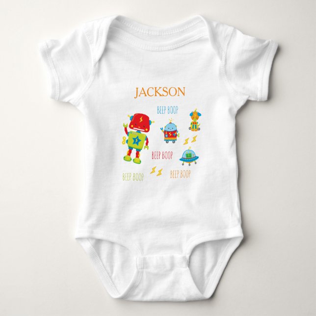 Fun Colourful Robot Beep Boop Little Boy Baby Bodysuit (Front)