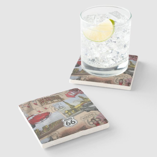 Fun Colourful Route 66 Collage Pattern Stone Coaster (Side)