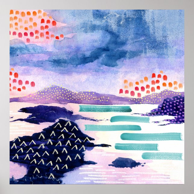 Fun Colourful Scottish Loch Watercolour Poster (Front)