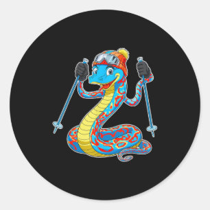 Fun colourful skiing snake winter adventure  classic round sticker