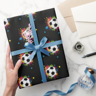 Fun Colourful Soccer Balls Sport Pattern On Black Wrapping Paper