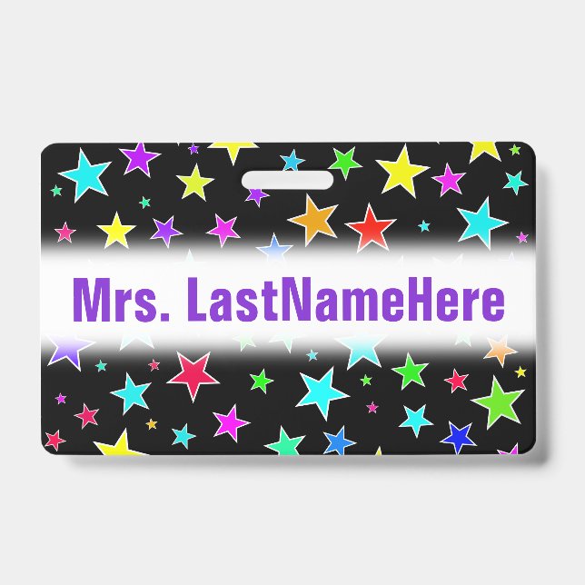 Fun, Colourful Stars Pattern + Custom Teacher Name ID Badge (Front)