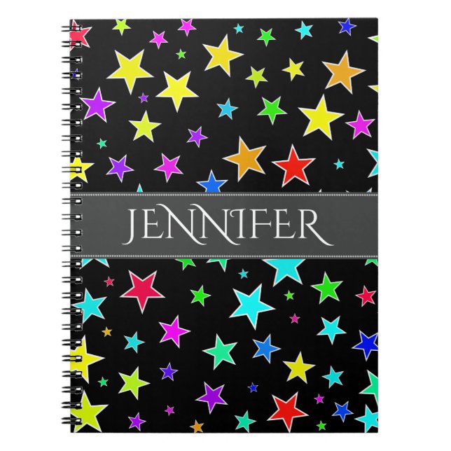 Fun, Colourful Stars Pattern + Personalised Name Notebook (Front)