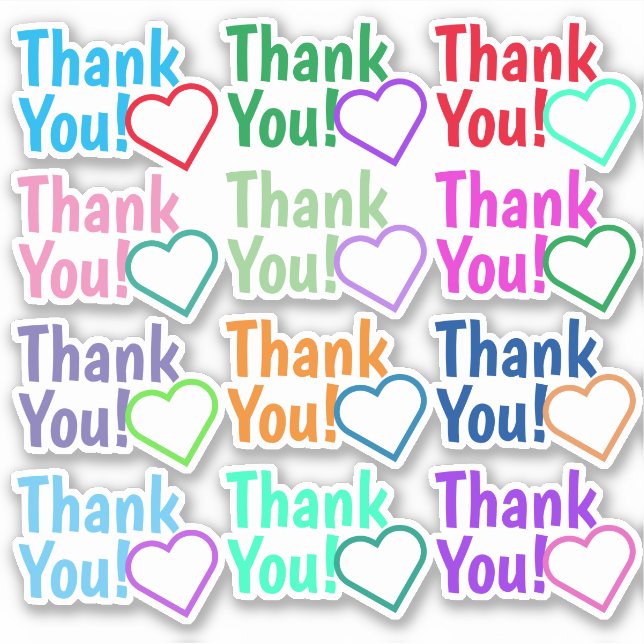 Fun, Colourful "Thank You!" + Heart Shape Stickers (Front)