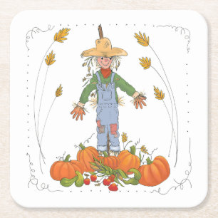 Fun Colourful Thanksgiving Scarecrow Pumpkin Patch Square Paper Coaster