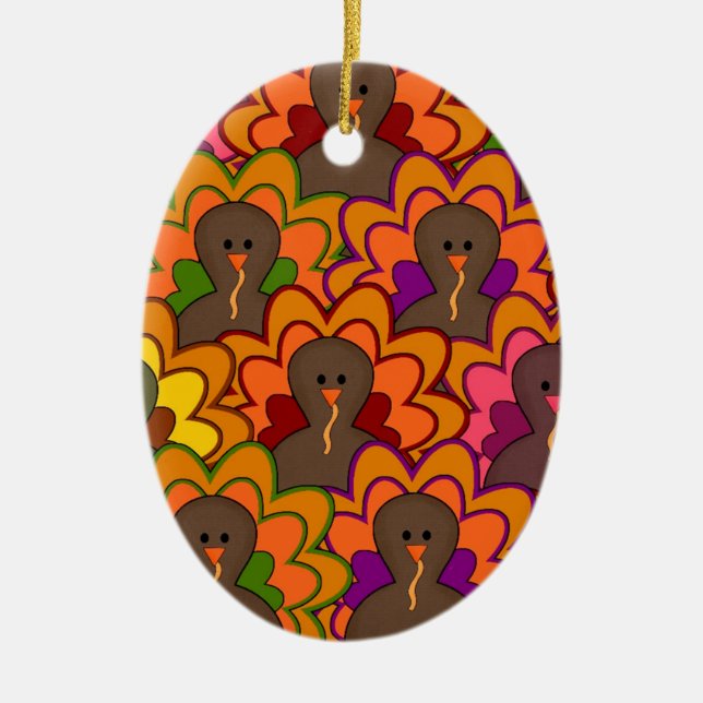 Fun Colourful Thanksgiving Turkeys Ceramic Tree Decoration (Front)