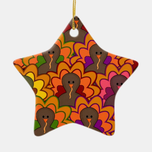 Fun Colourful Thanksgiving Turkeys Ceramic Tree Decoration (Front)