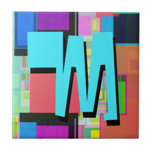 Fun Colourful Turquoise Blue Geometric Monogram Tile
