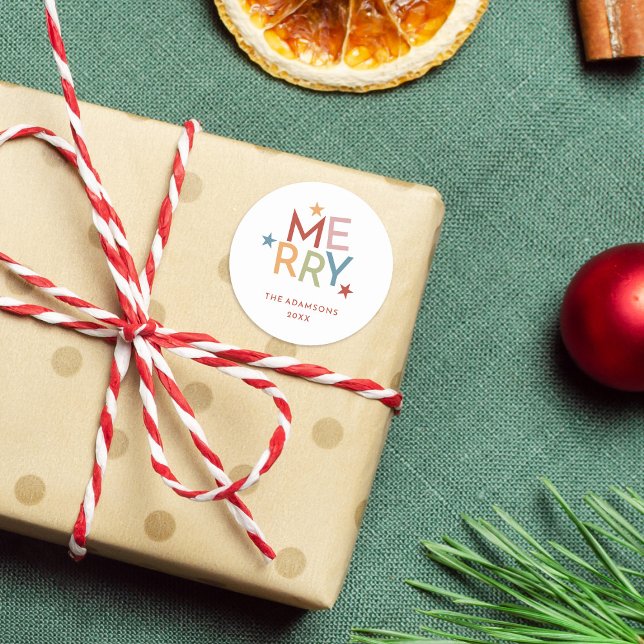 Fun Colourful Typography Merry Family Name Classic Round Sticker (Creator Uploaded)