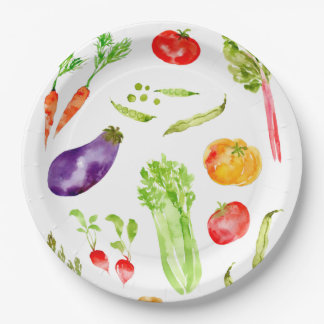Fun colourful vegetables watercolor paper plate