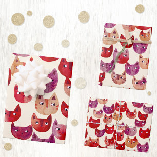 Fun Colourful Watercolor Cat Pattern Wrapping Paper Sheet