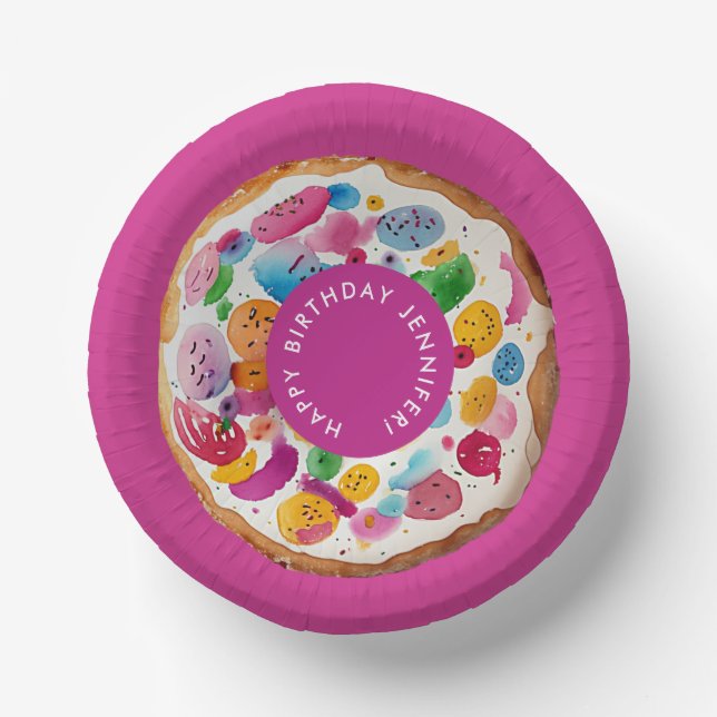 Fun Colourful Watercolor Doughnut Birthday Party P Paper Plate (Front)
