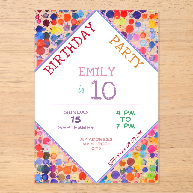Fun Colourful Watercolor Paint Blots Kids Birthday Acrylic Invitations (Front)