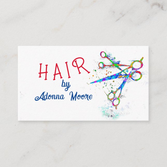fun colourful whimsical scissors art on white  business card (Front)