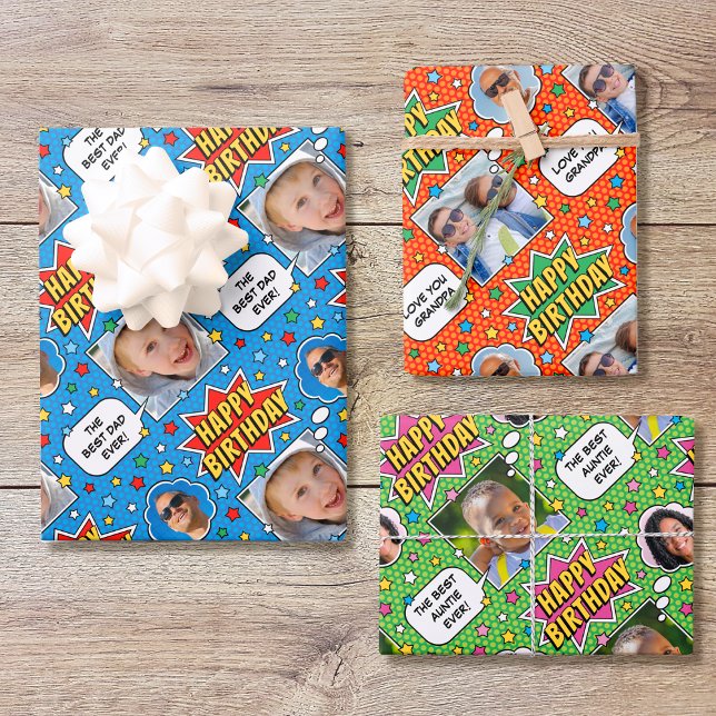 Fun Comic Birthday Stars Custom Photos 3 Set Wrapping Paper Sheet (Creator Uploaded)